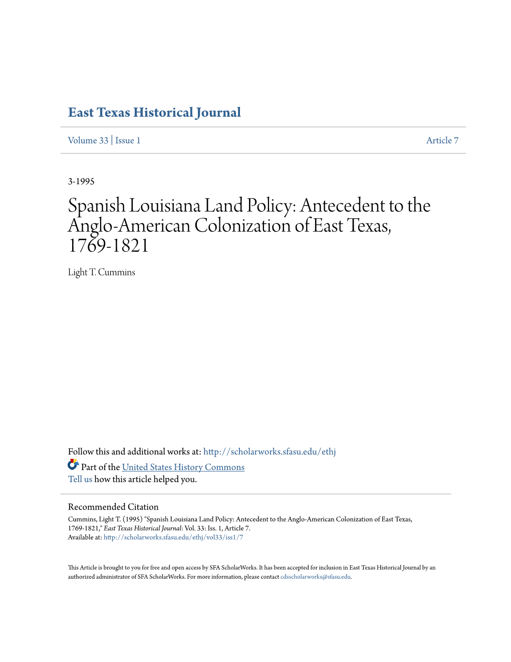 Spanish Louisiana Land Policy: Antecedent to the Anglo-American Colonization of East Texas, 1769-1821 Light T