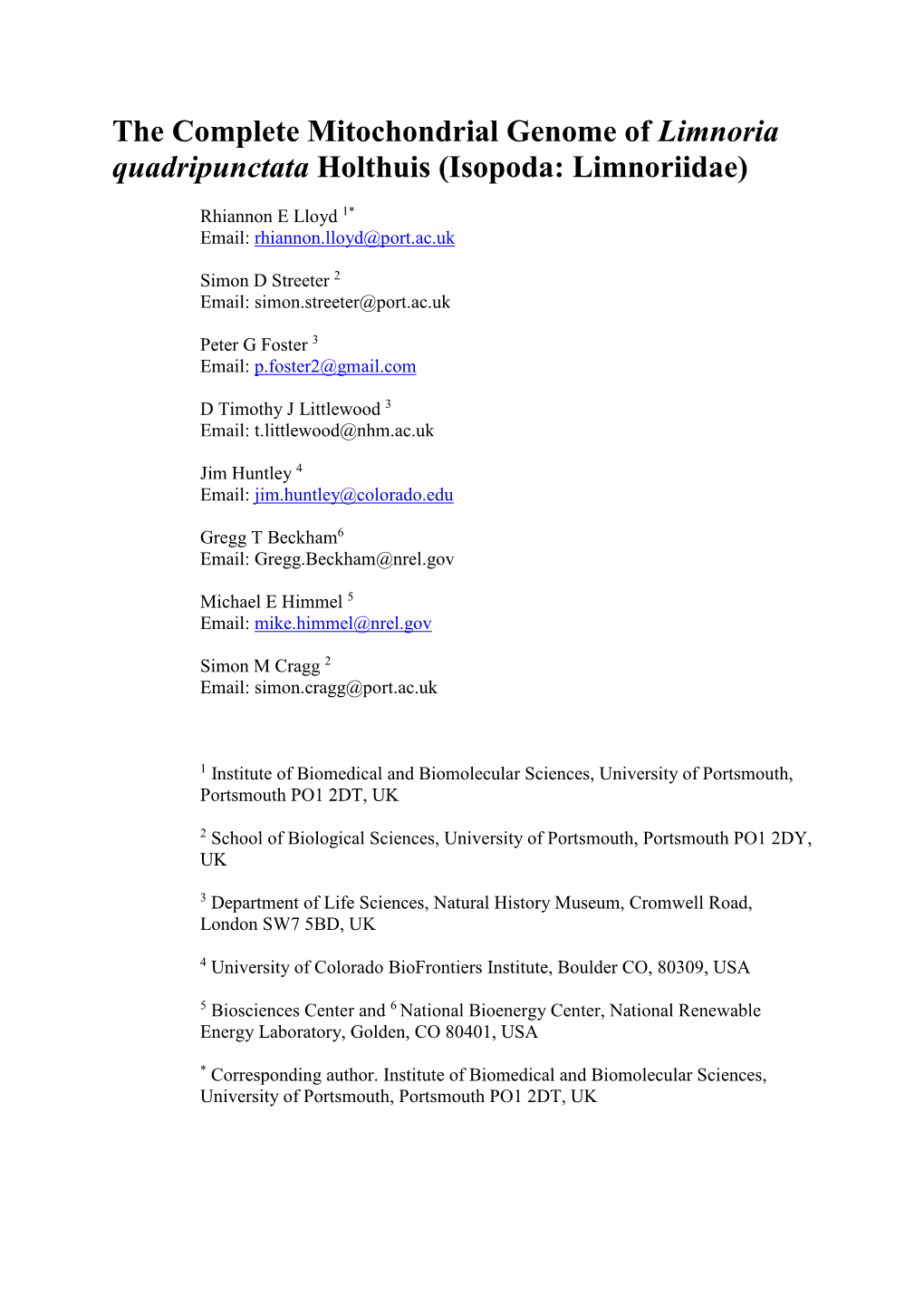 The Complete Mitochondrial Genome of Limnoria Quadripunctata Holthuis (Isopoda: Limnoriidae)