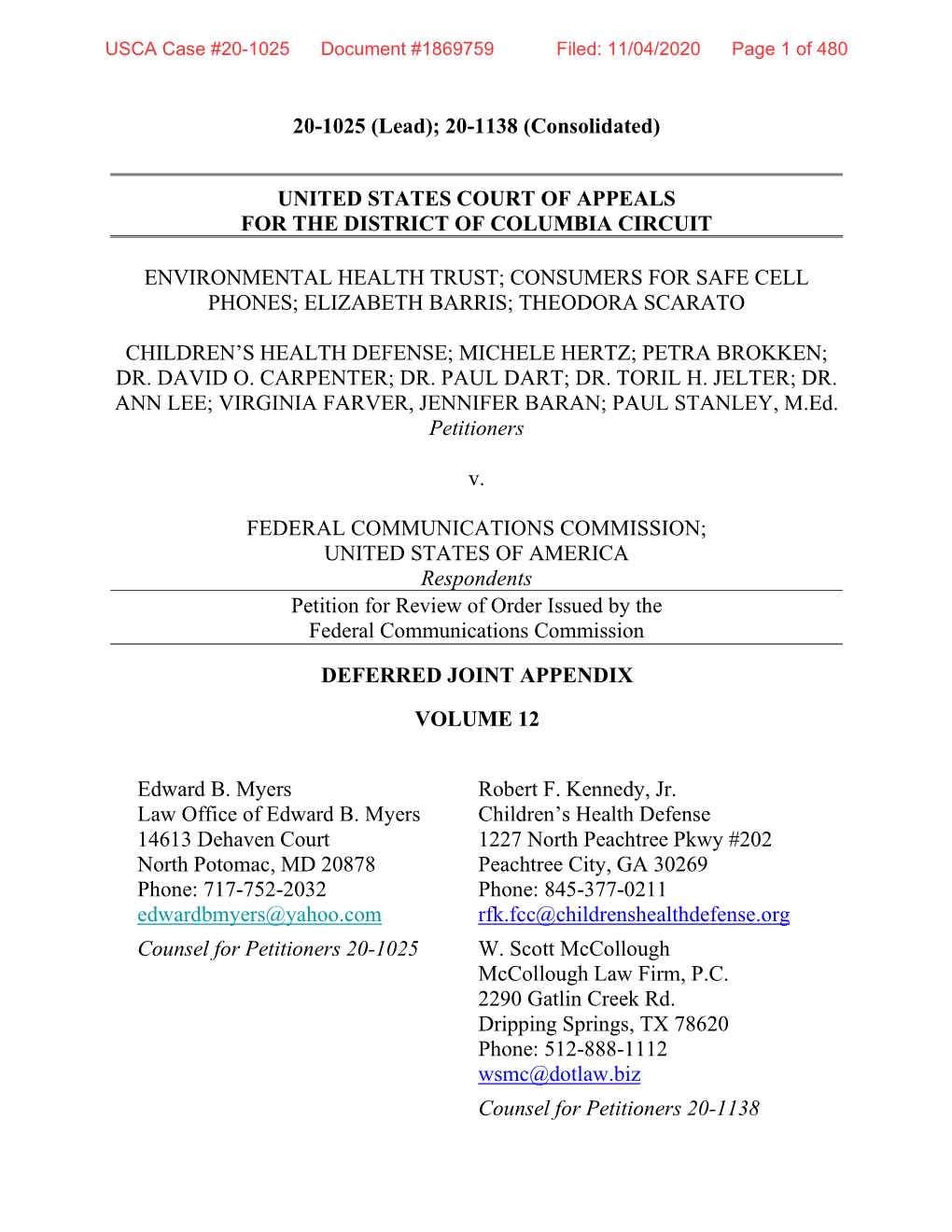 USCA Case #20-1025 Document #1869759 Filed: 11/04/2020 Page 1 of 480