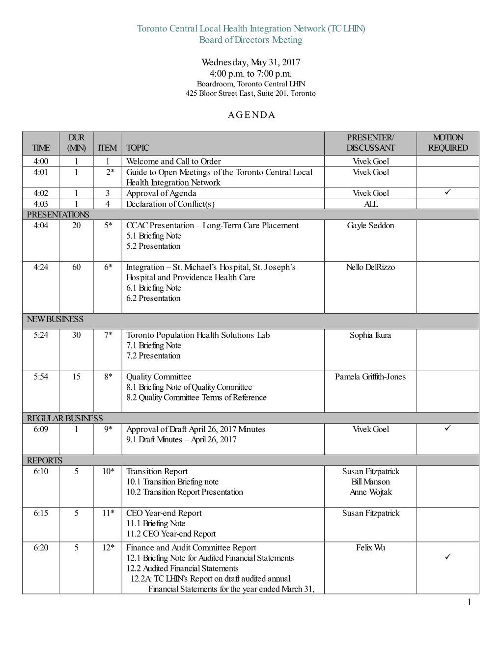 (TC LHIN) Board of Directors Meeting