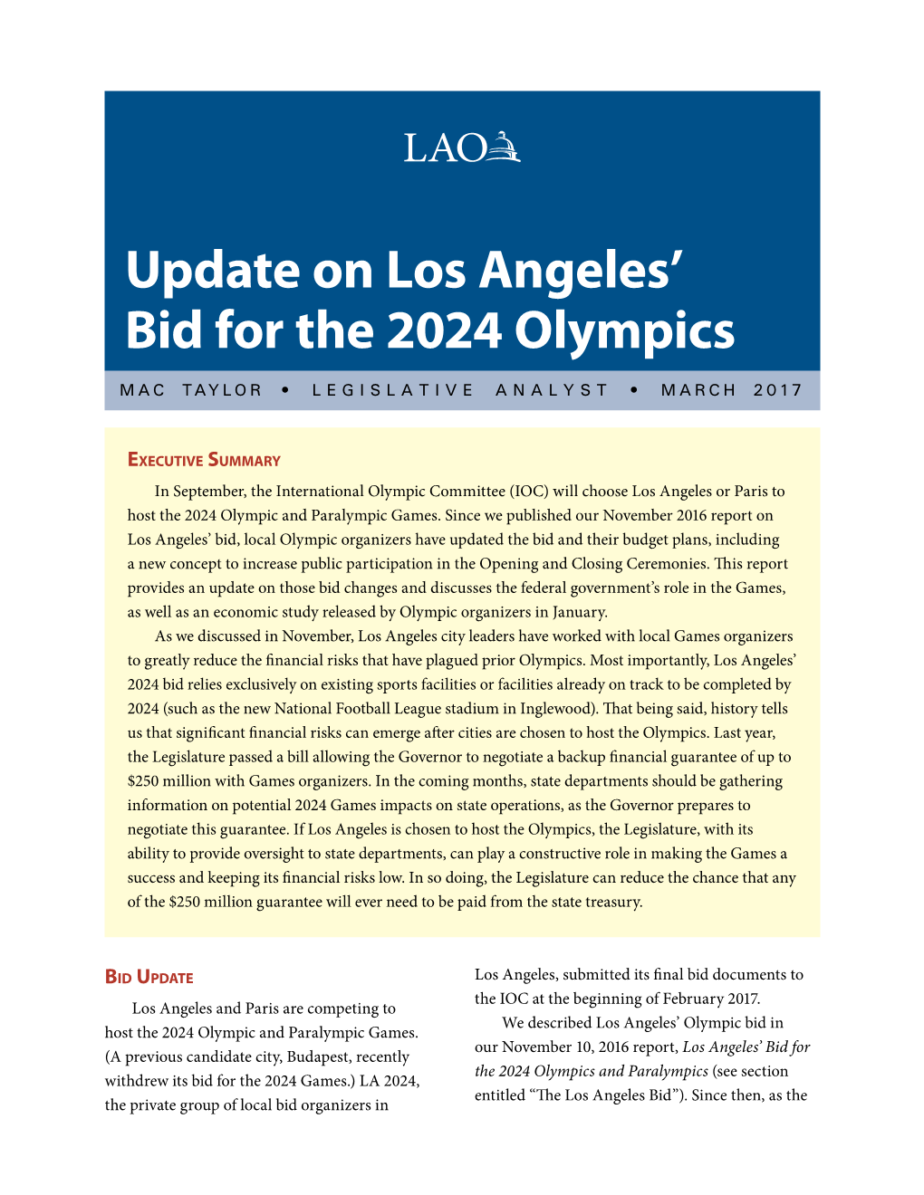 Update on Los Angeles' Bid for the 2024 Olympics