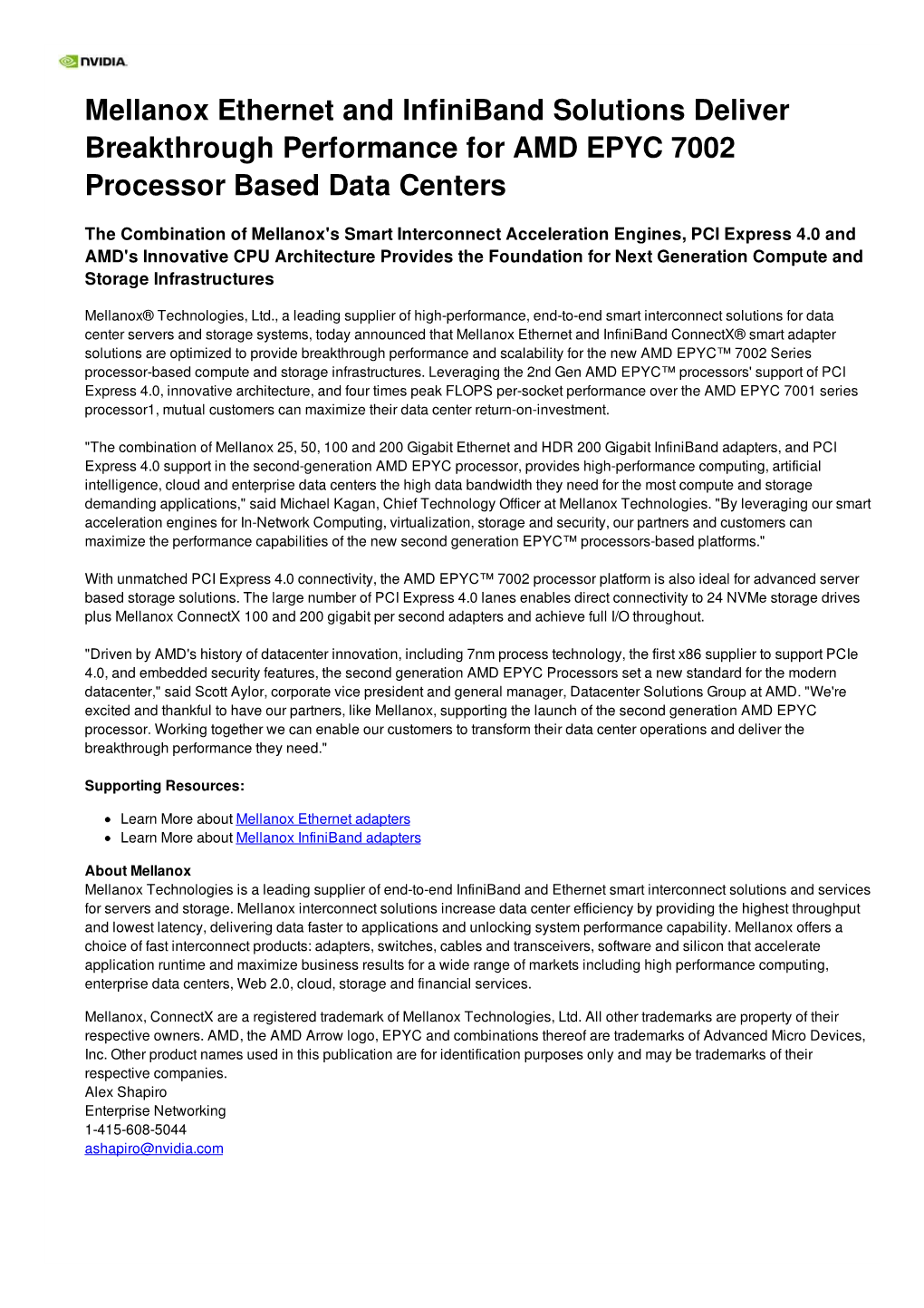 Mellanox Ethernet and Infiniband Solutions Deliver Breakthrough Performance for AMD EPYC 7002 Processor Based Data Centers