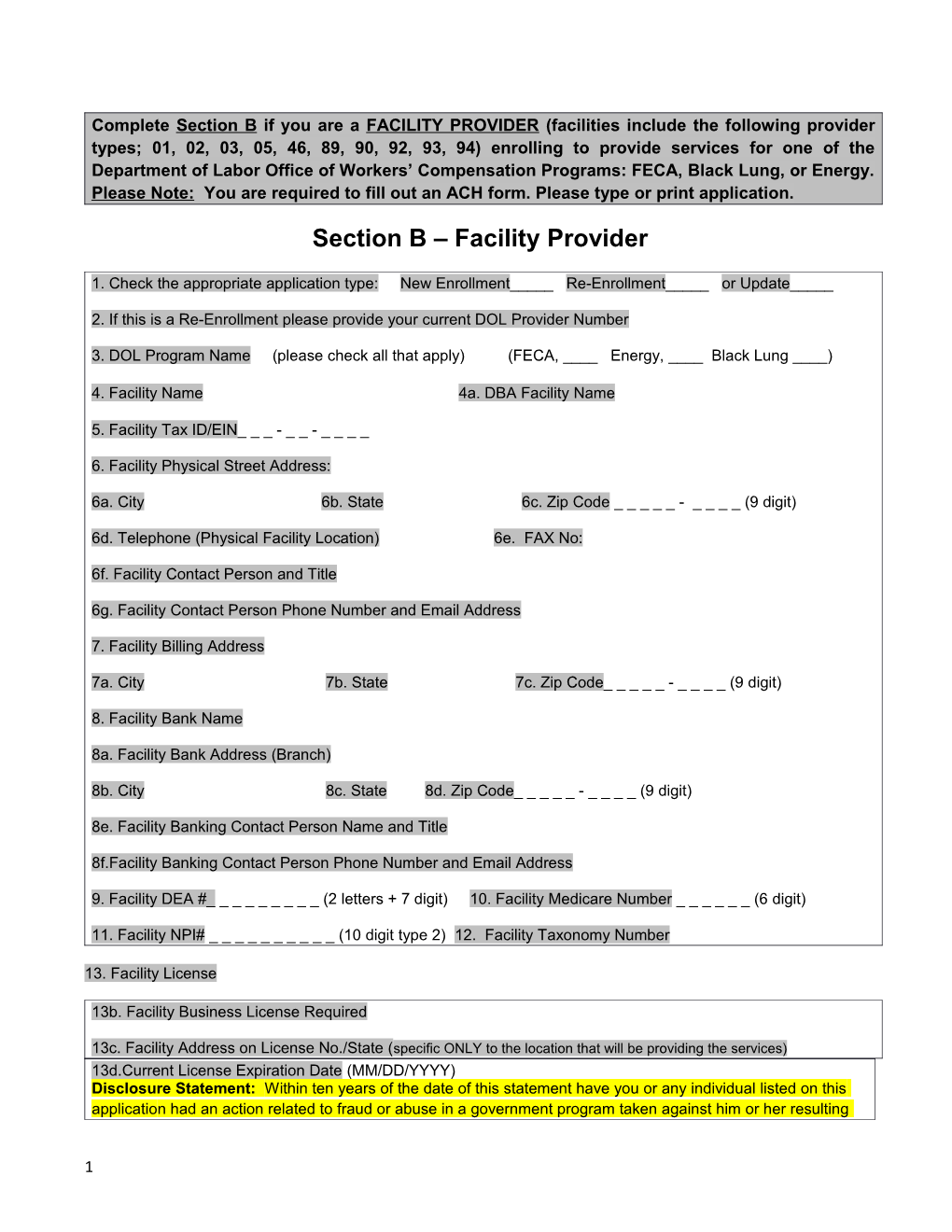 Complete Section B If You Are a FACILITY PROVIDER (Facilities Include the Following Provider