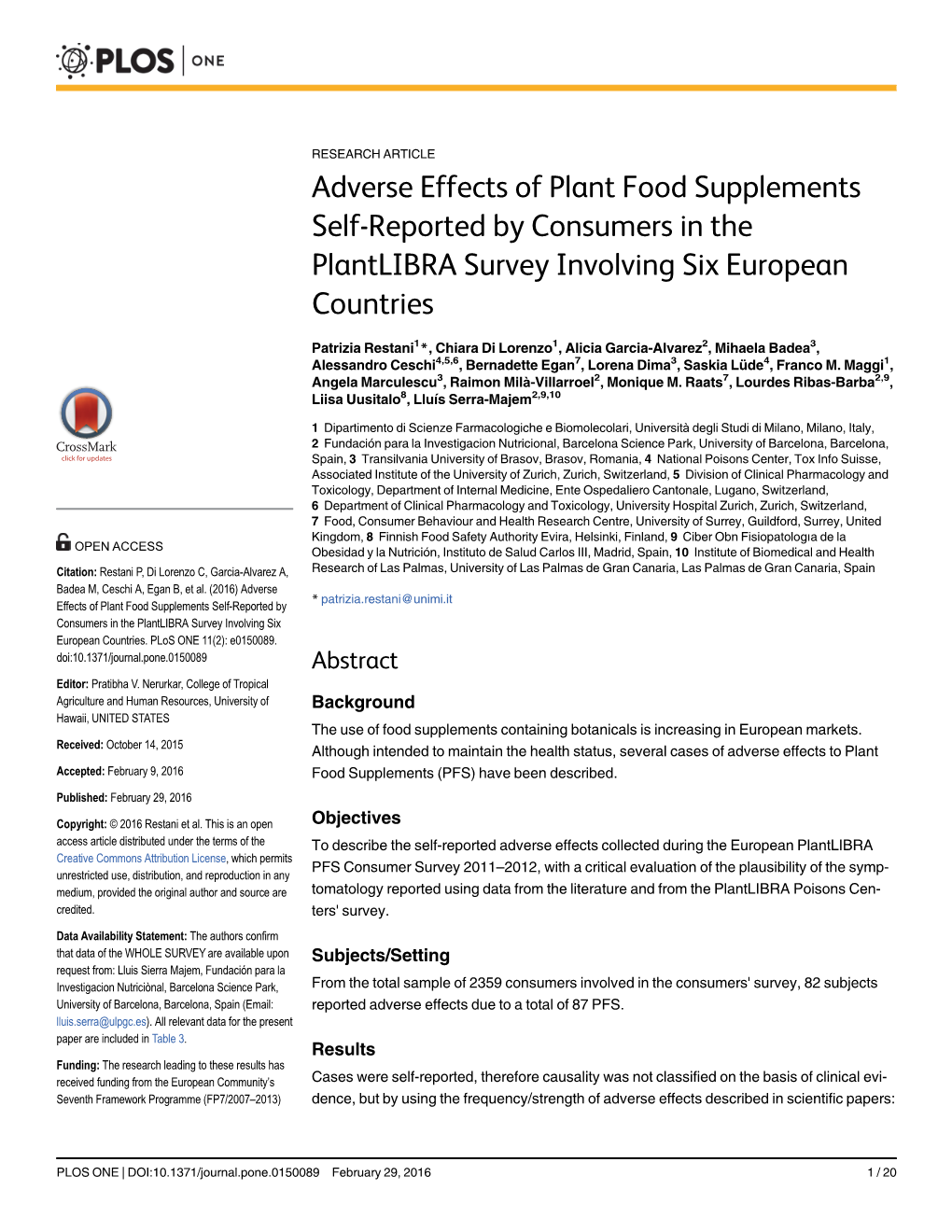Adverse Effects of Plant Food Supplements Self-Reported by Consumers in the Plantlibra Survey Involving Six European Countries