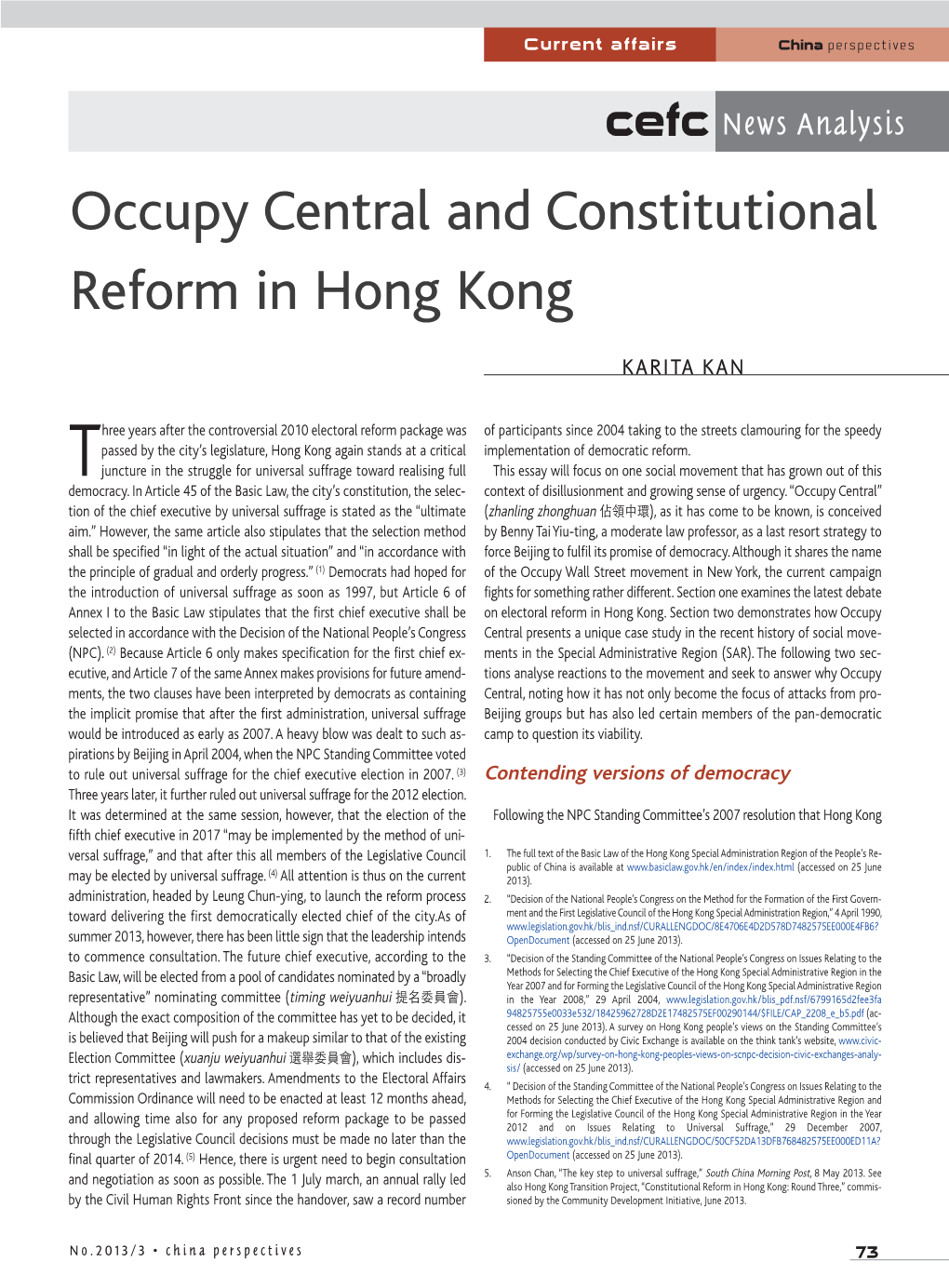 Occupy Central and Constitutional Reform in Hong Kong