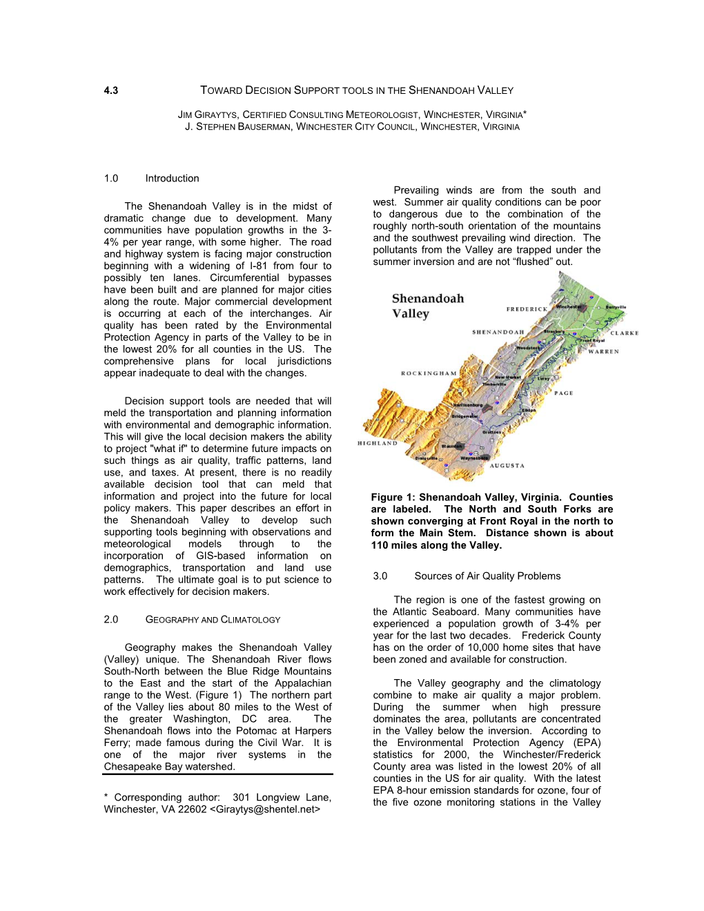 4.3 1.0 Introduction Prevailing Winds Are from the South and West. Summer Air Quality Conditions Can Be Poor to Dangerous Due T