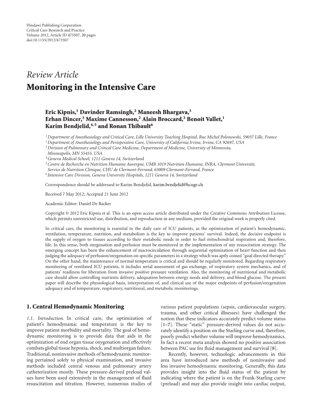 Review Article Monitoring in the Intensive Care