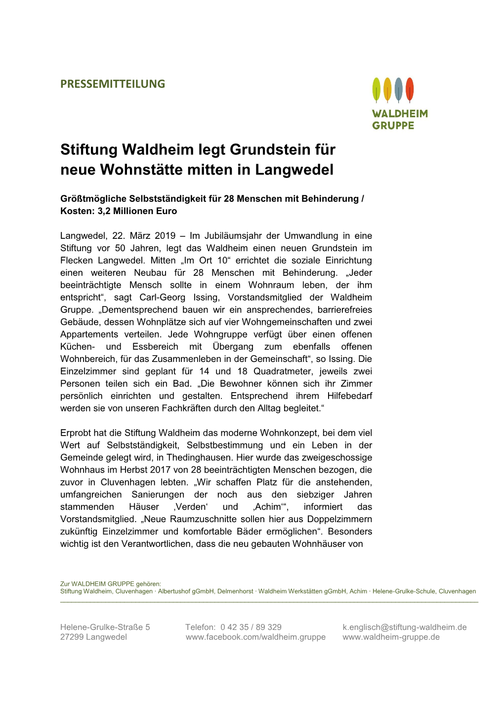 Stiftung Waldheim Legt Grundstein Für Neue Wohnstätte Mitten in Langwedel