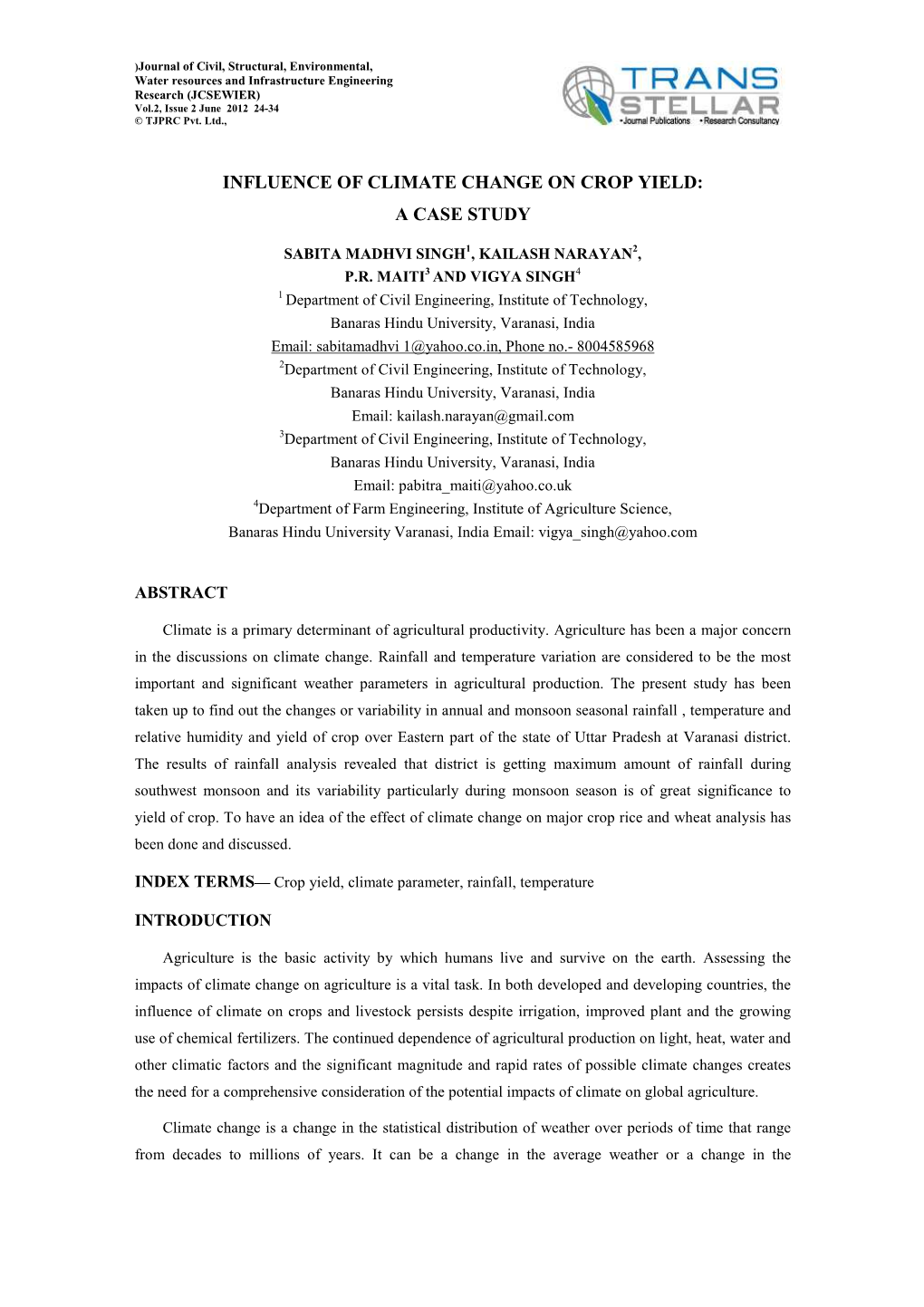 Influence of Climate Change on Crop Yield: a Case Study