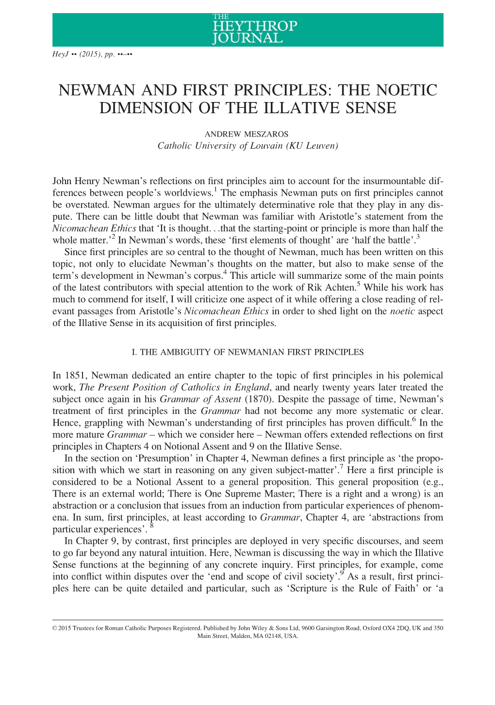 Newman and First Principles: the Noetic Dimension of the Illative Sense