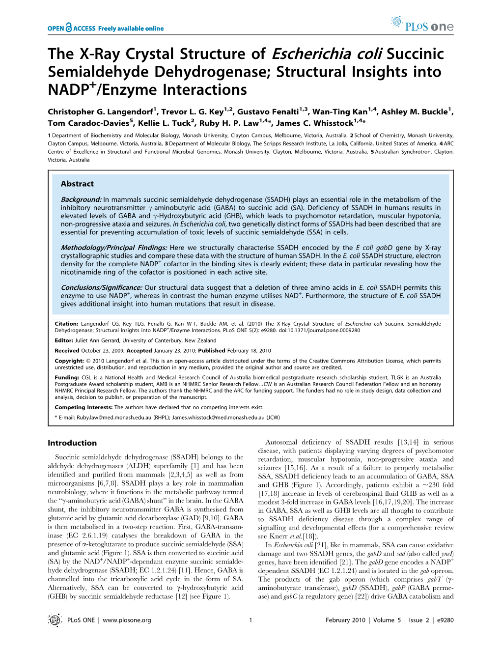 The X-Ray Crystal Structure of Escherichia Coli Succinic Semialdehyde Dehydrogenase; Structural Insights Into NADP+/Enzyme Interactions