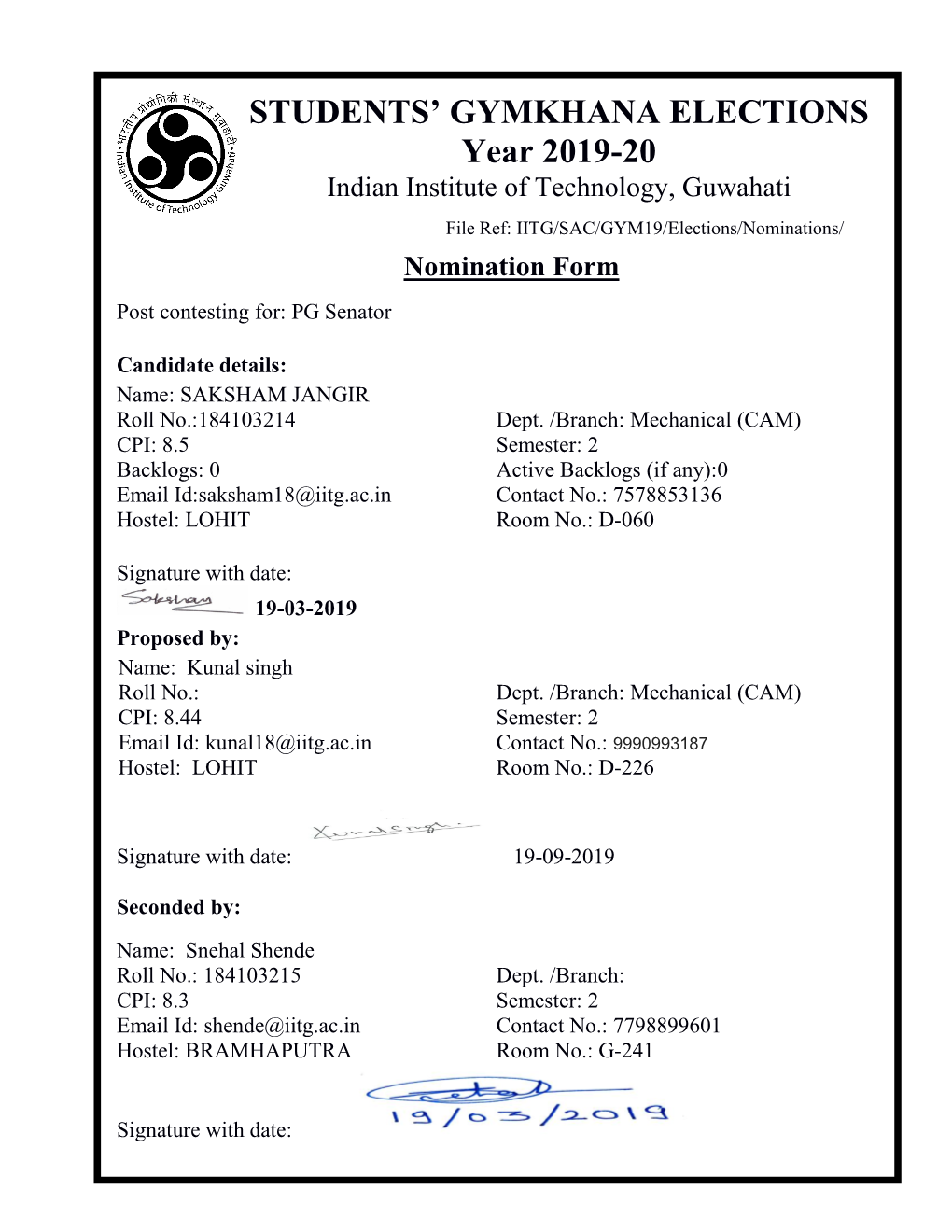 STUDENTS' GYMKHANA ELECTIONS Year 2019-20