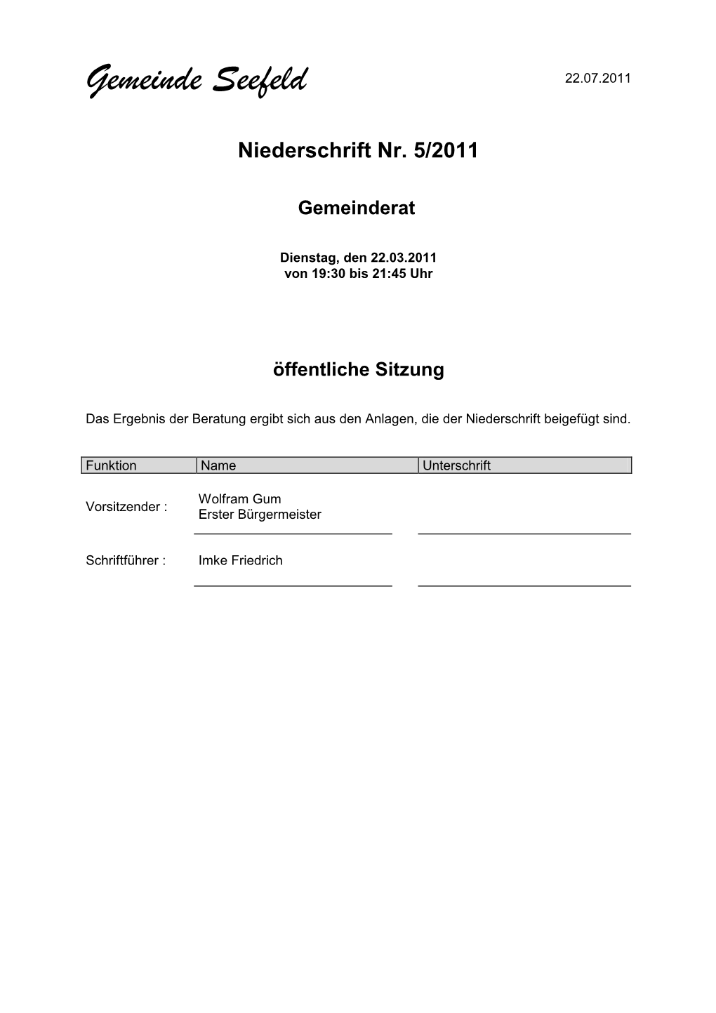 Niederschrift Nr. 5/2011 Gemeinderat