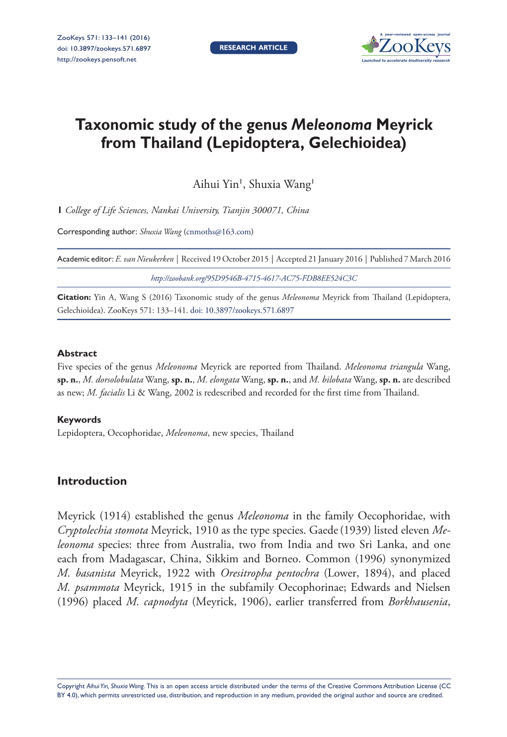 ﻿Taxonomic Study of the Genus Meleonoma Meyrick from Thailand