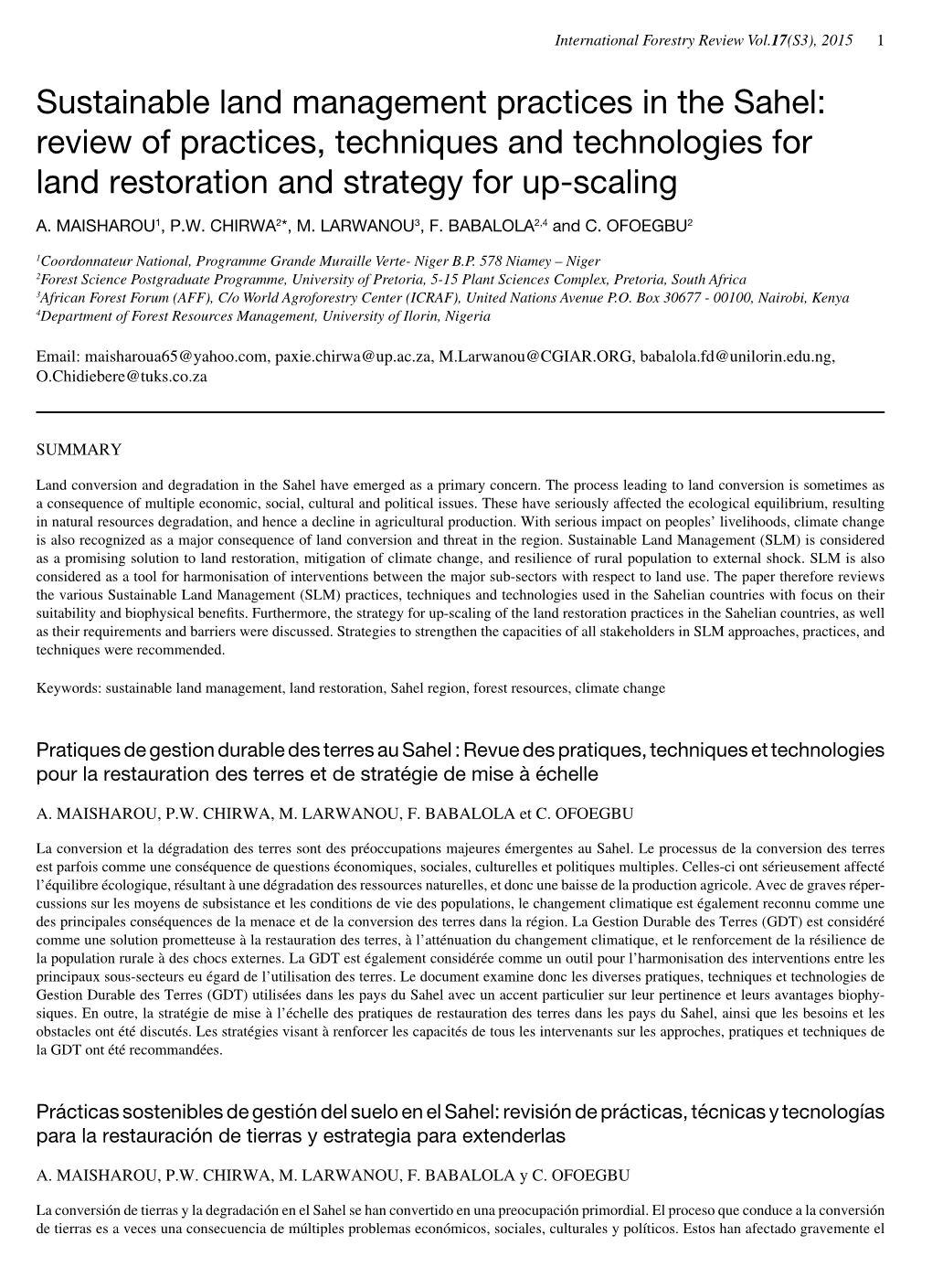 Sustainable Land Management Practices in the Sahel: Review of Practices, Techniques and Technologies for Land Restoration and Strategy for Up-Scaling­­