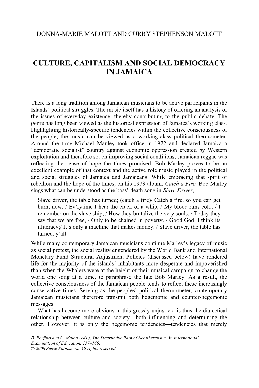 Culture, Capitalism and Social Democracy in Jamaica