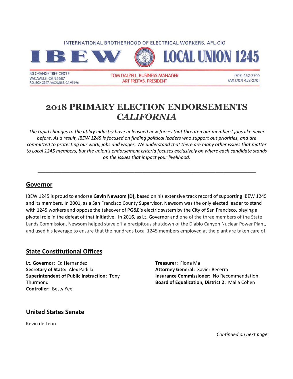 2018 Primary Election Endorsements California