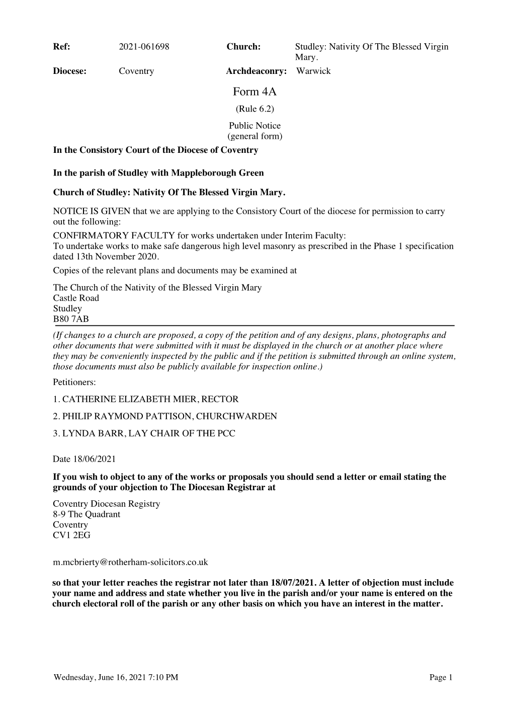 Form 4A (Rule 6.2) Public Notice (General Form) in the Consistory Court of the Diocese of Coventry