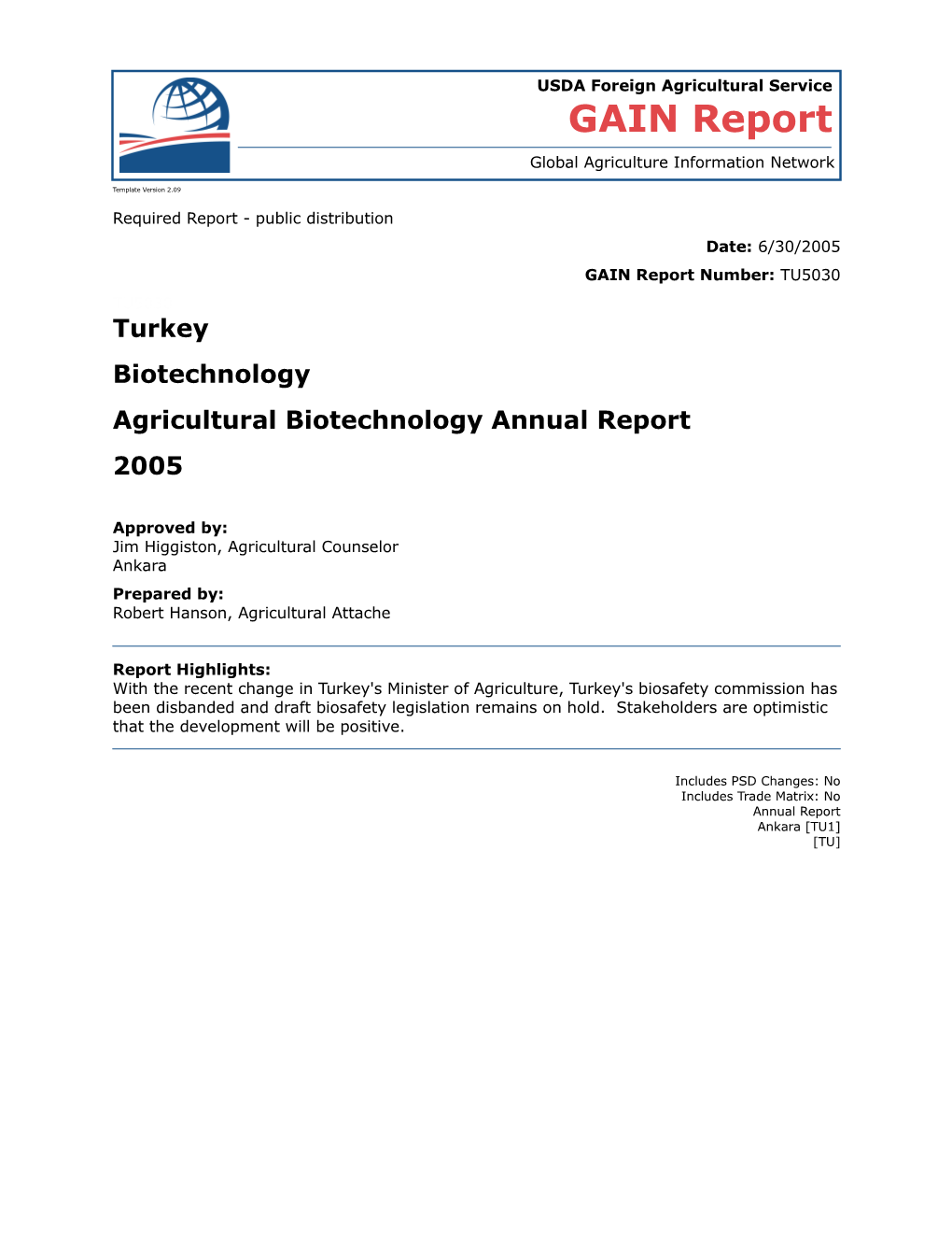 Agricultural Biotechnology Annual Report