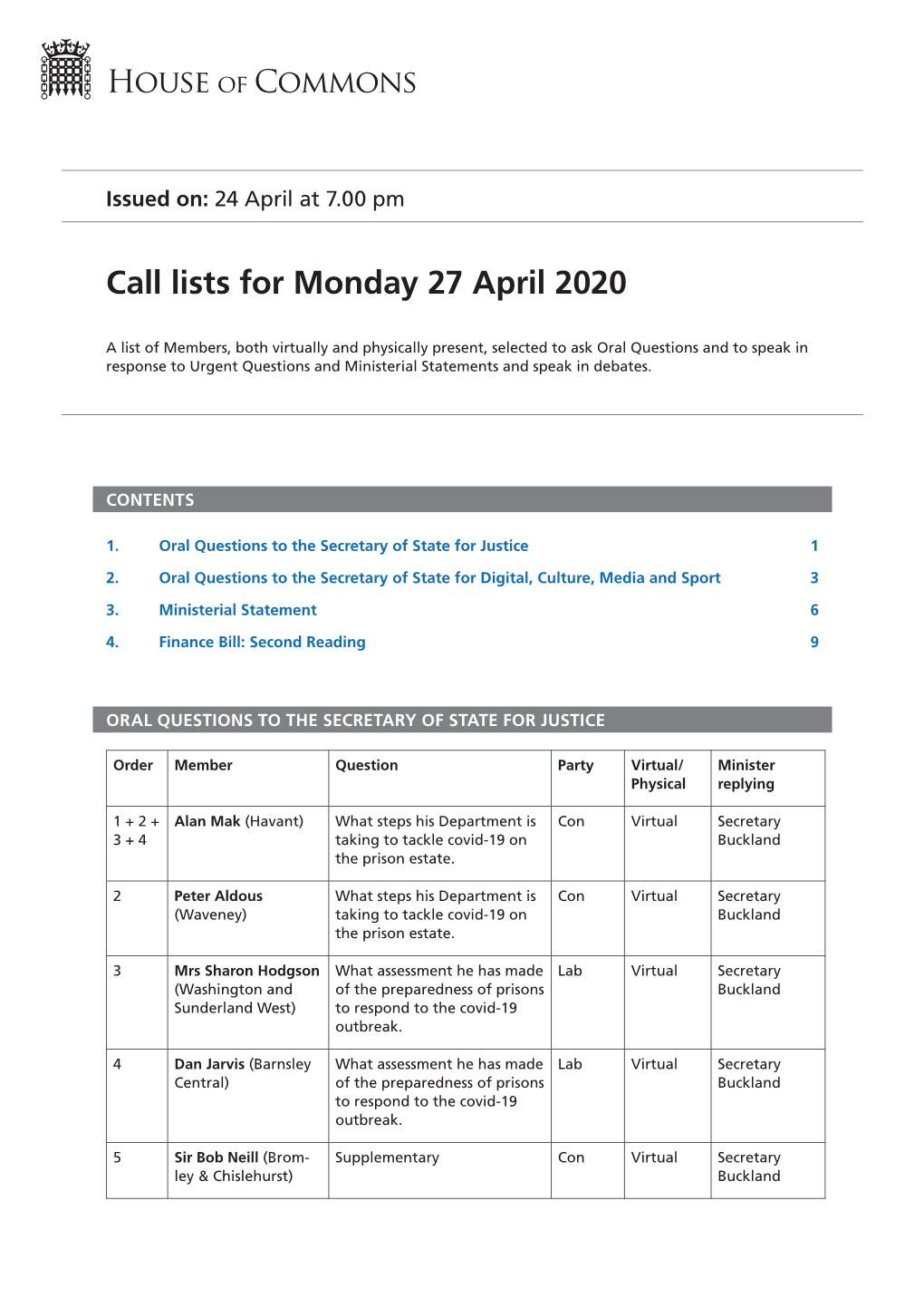 Call Lists for Monday 27 April 2020