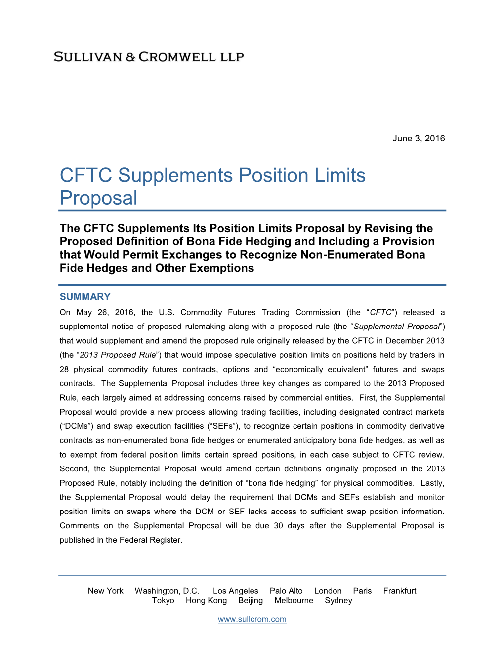 CFTC Supplements Position Limits Proposal