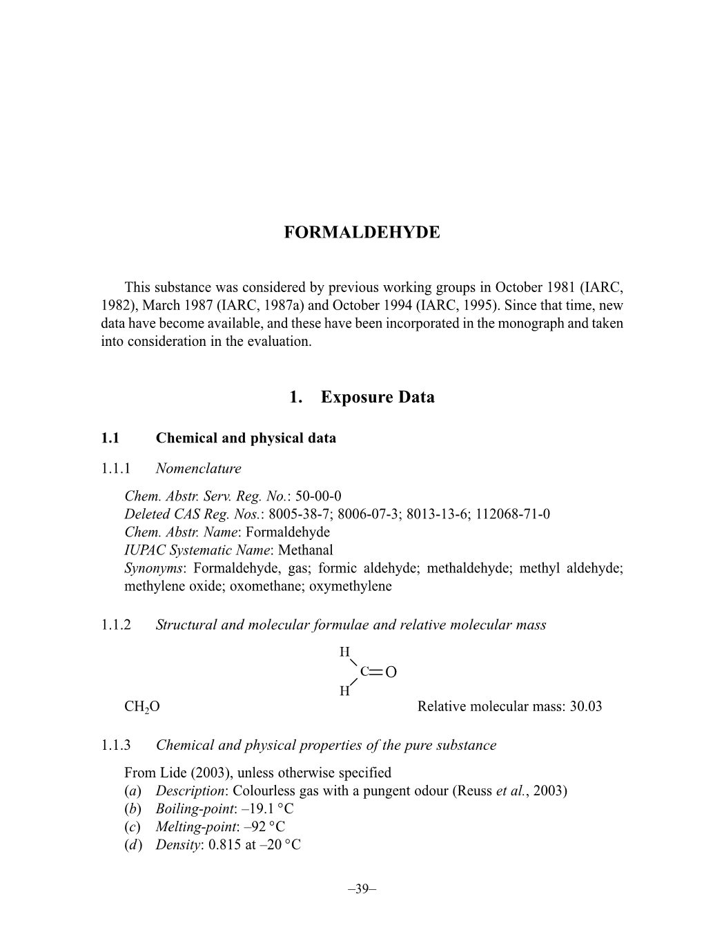 FORMALDEHYDE 1. Exposure Data