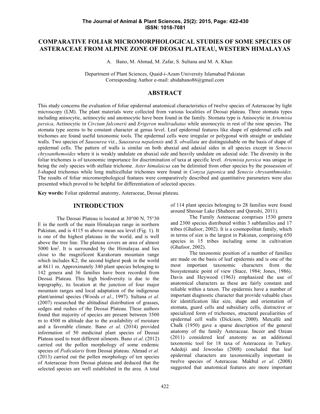 Comparative Foliar Micromorphological Studies of Some Species of Asteraceae from Alpine Zone of Deosai Plateau, Western Himalayas