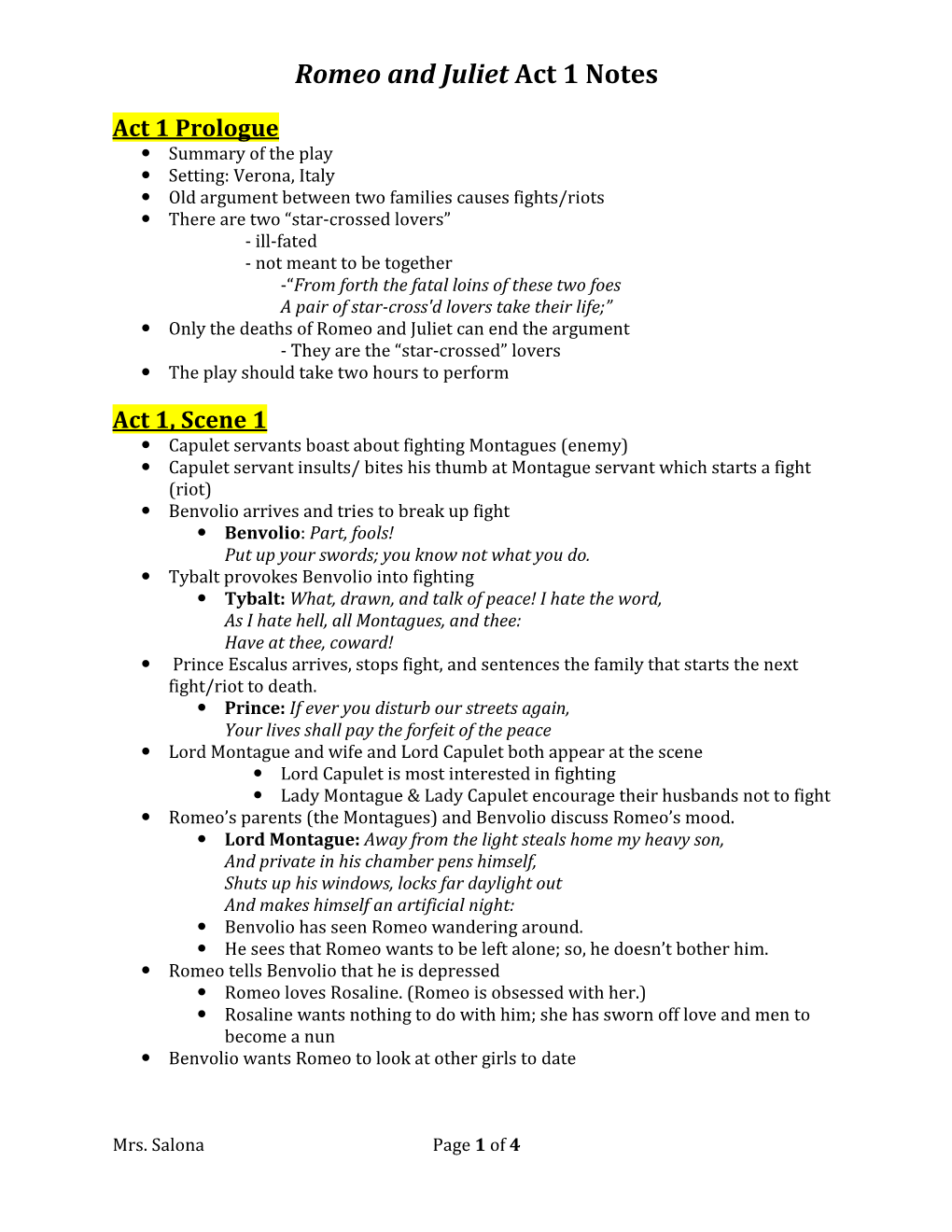 Romeo and Juliet Act 1 Notes