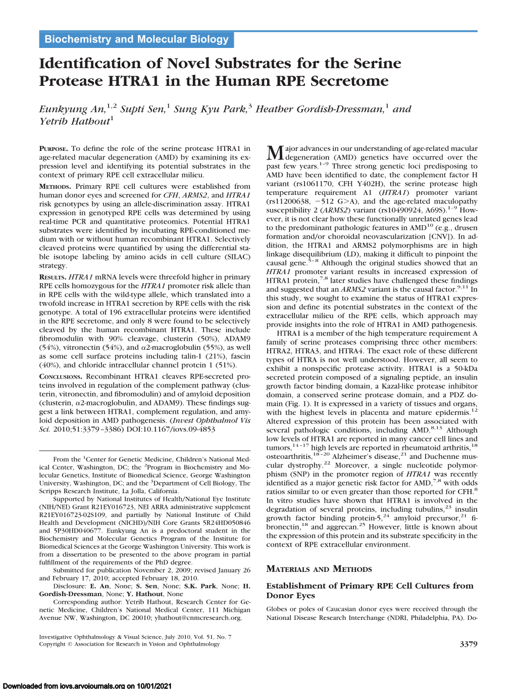 Identification of Novel Substrates for the Serine Protease HTRA1 in The