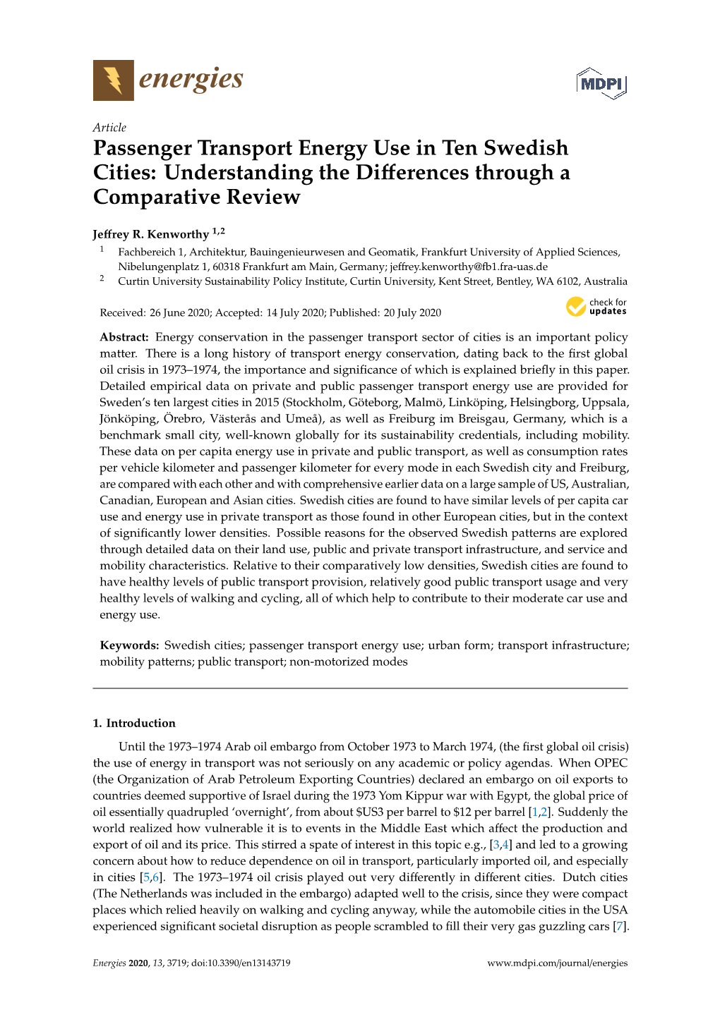 Passenger Transport Energy Use in Ten Swedish Cities: Understanding the Diﬀerences Through a Comparative Review