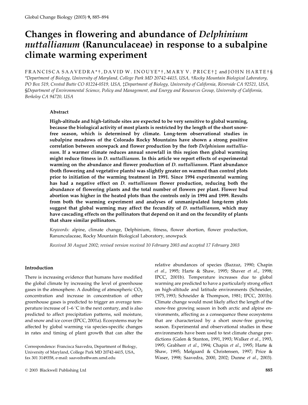 Changes in Flowering and Abundance of Delphinium Nuttallianum (Ranunculaceae) in Response to a Subalpine Climate Warming Experiment