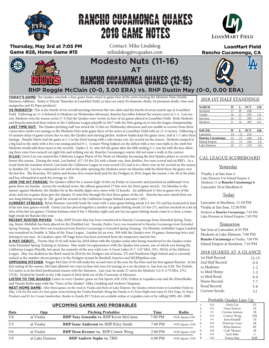 Rancho Cucamonga Quakes 2018 Game Notes