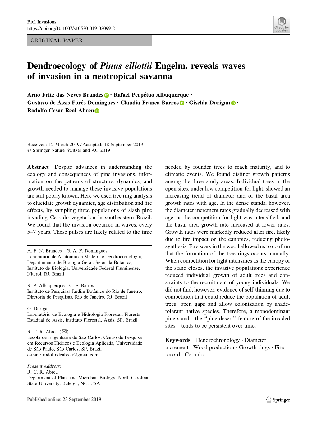 Dendroecology of Pinus Elliottii Engelm. Reveals Waves of Invasion in a Neotropical Savanna