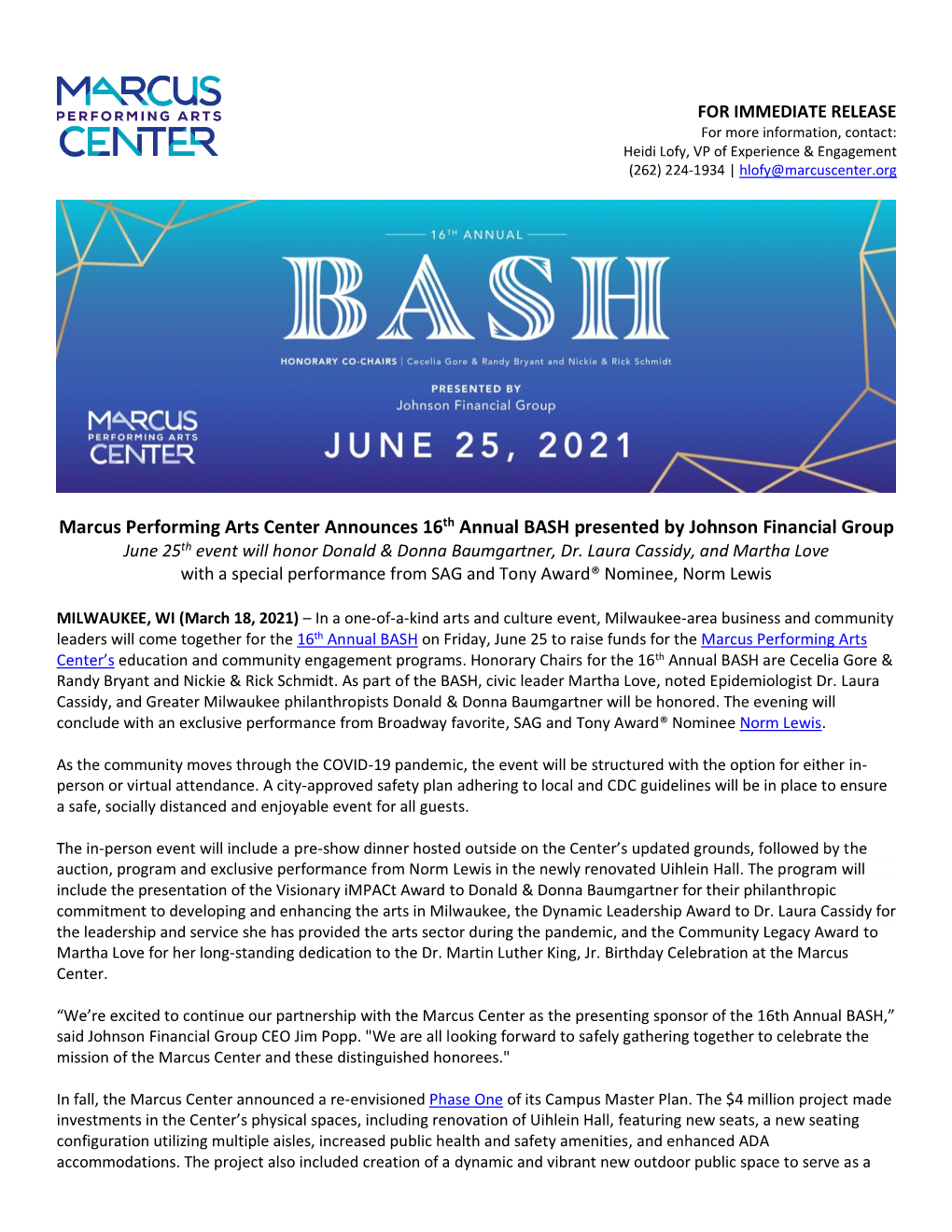 Marcus Center Broadway Bash 2021 Press Release