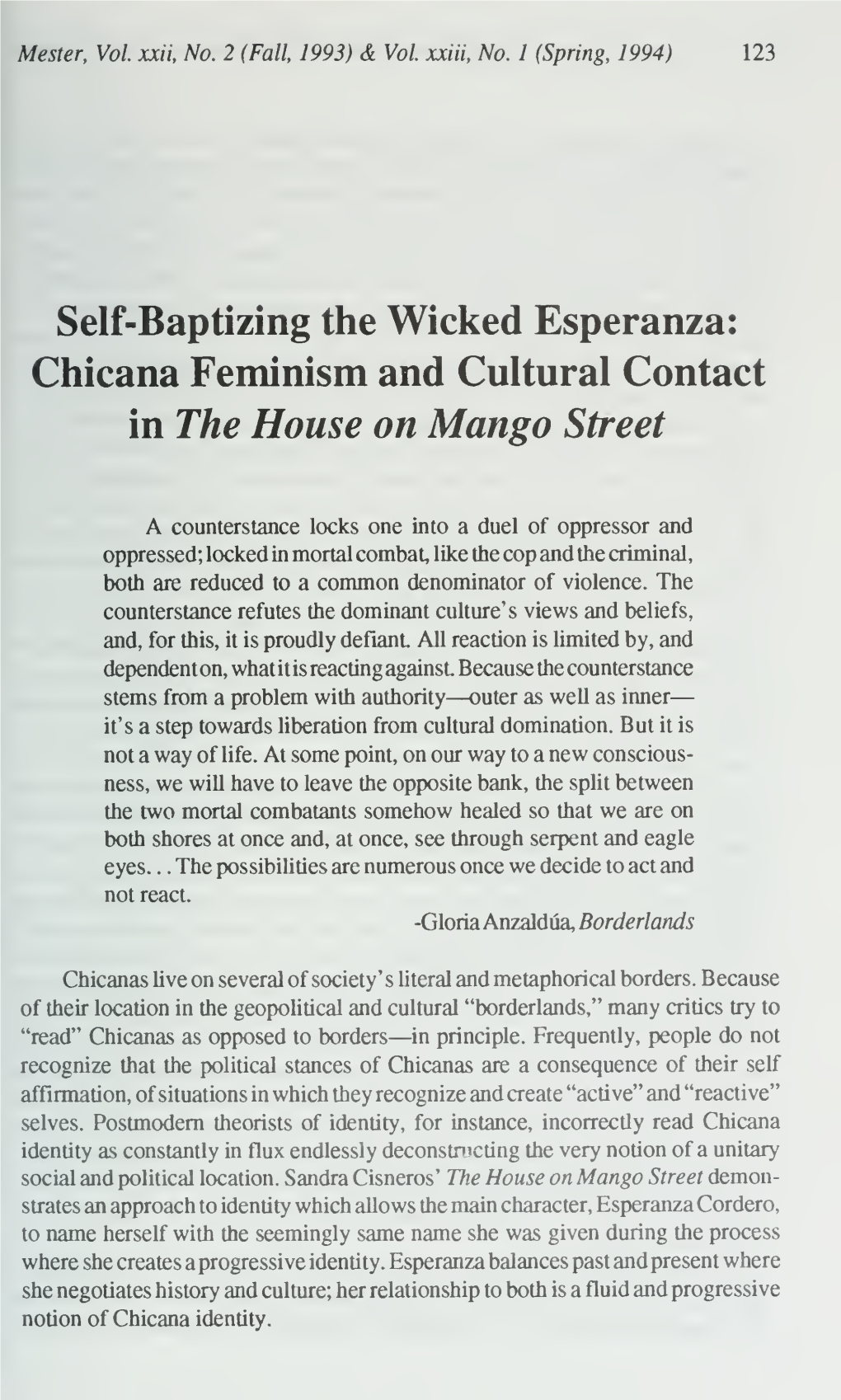 Chicana Feminism and Cultural Contact in the House on Mango Street