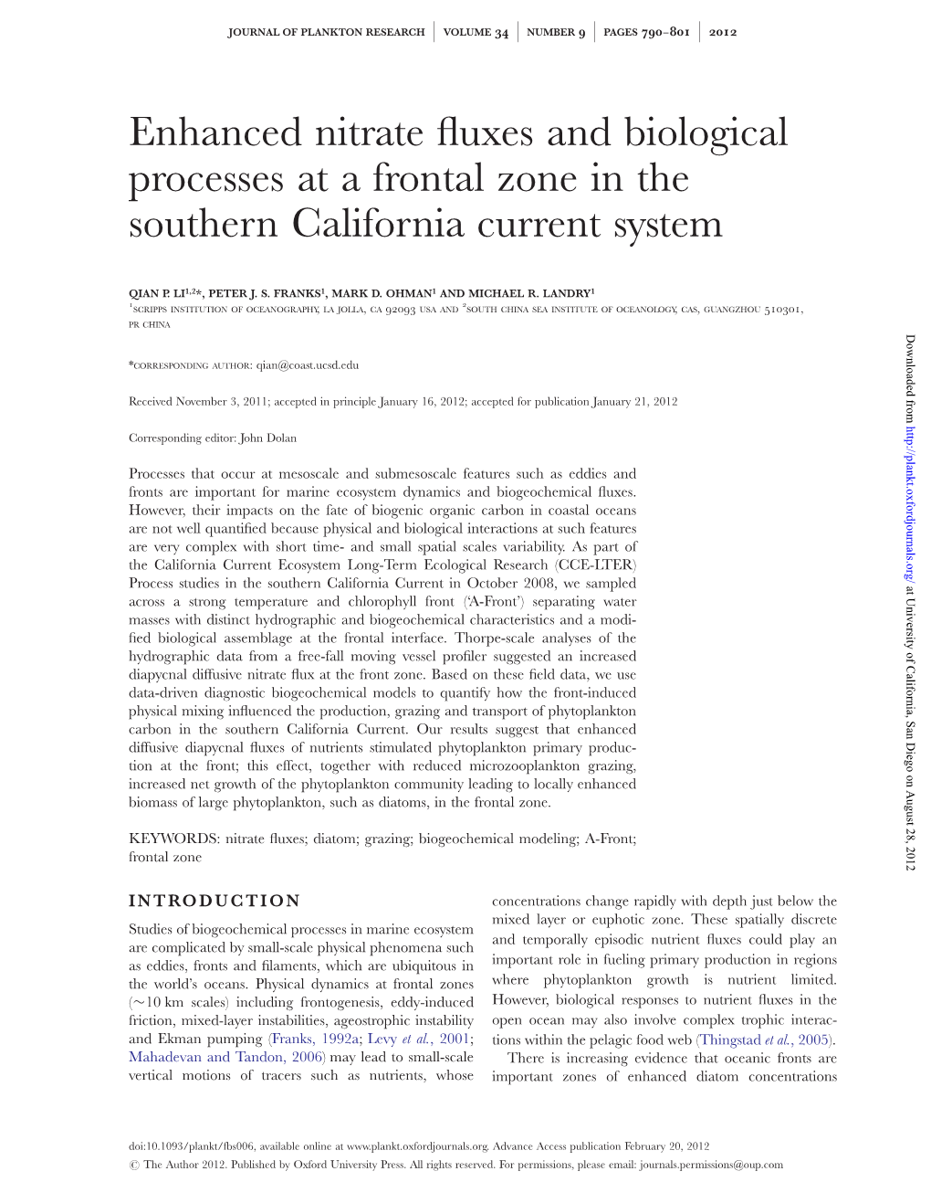 Enhanced Nitrate Fluxes and Biological Processes at a Frontal Zone in The