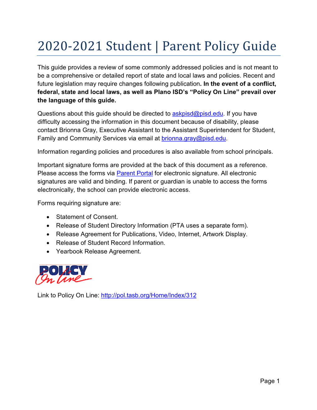 2020-2021 Student / Parent Policy Guide