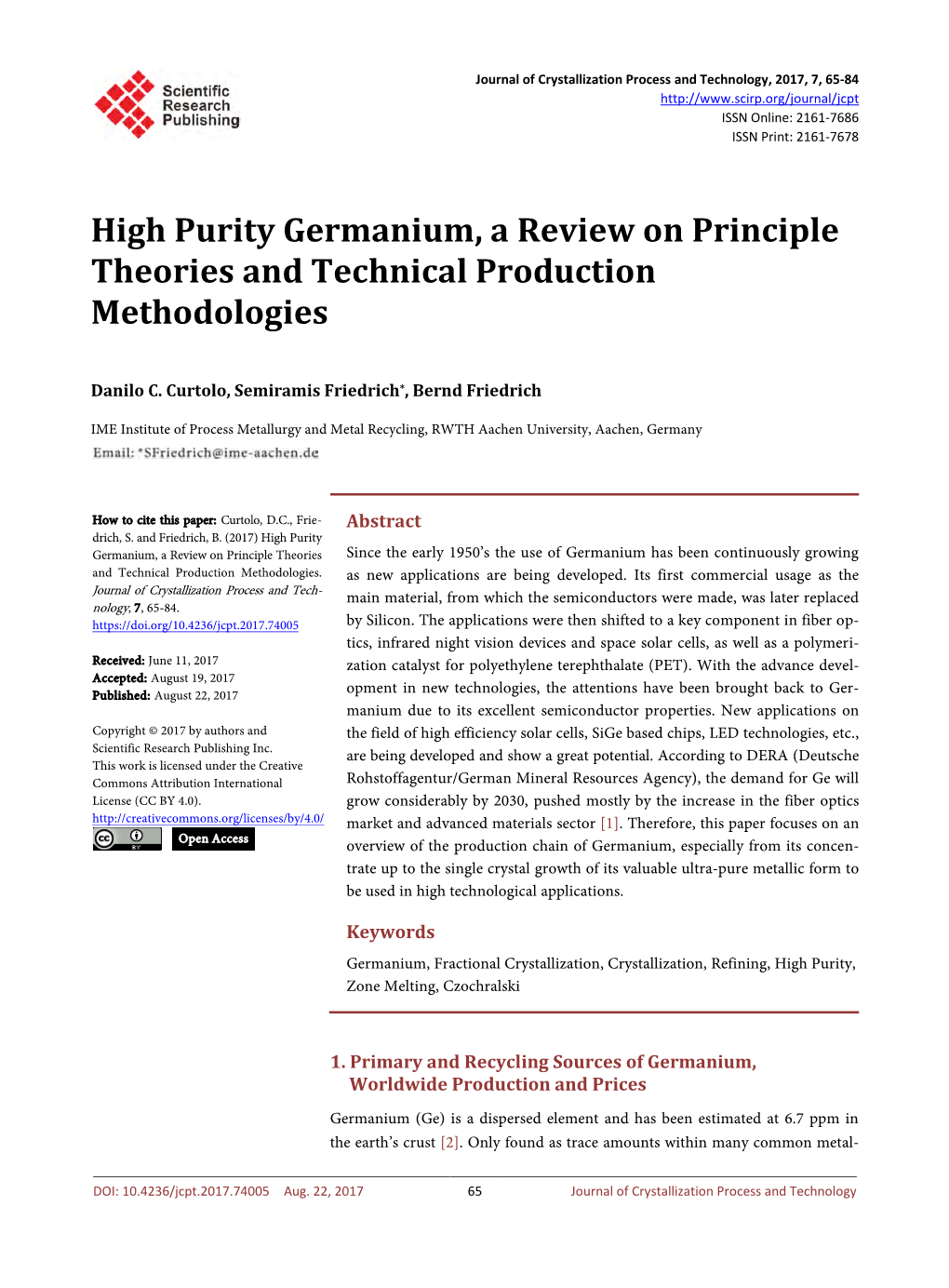 High Purity Germanium, a Review on Principle Theories and Technical Production Methodologies