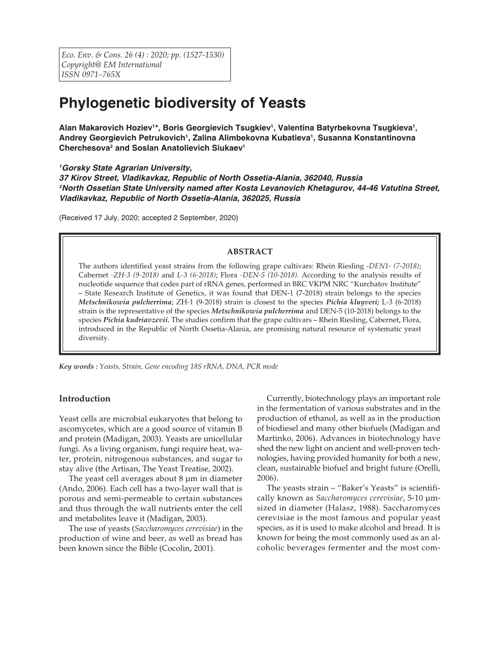 Phylogenetic Biodiversity of Yeasts