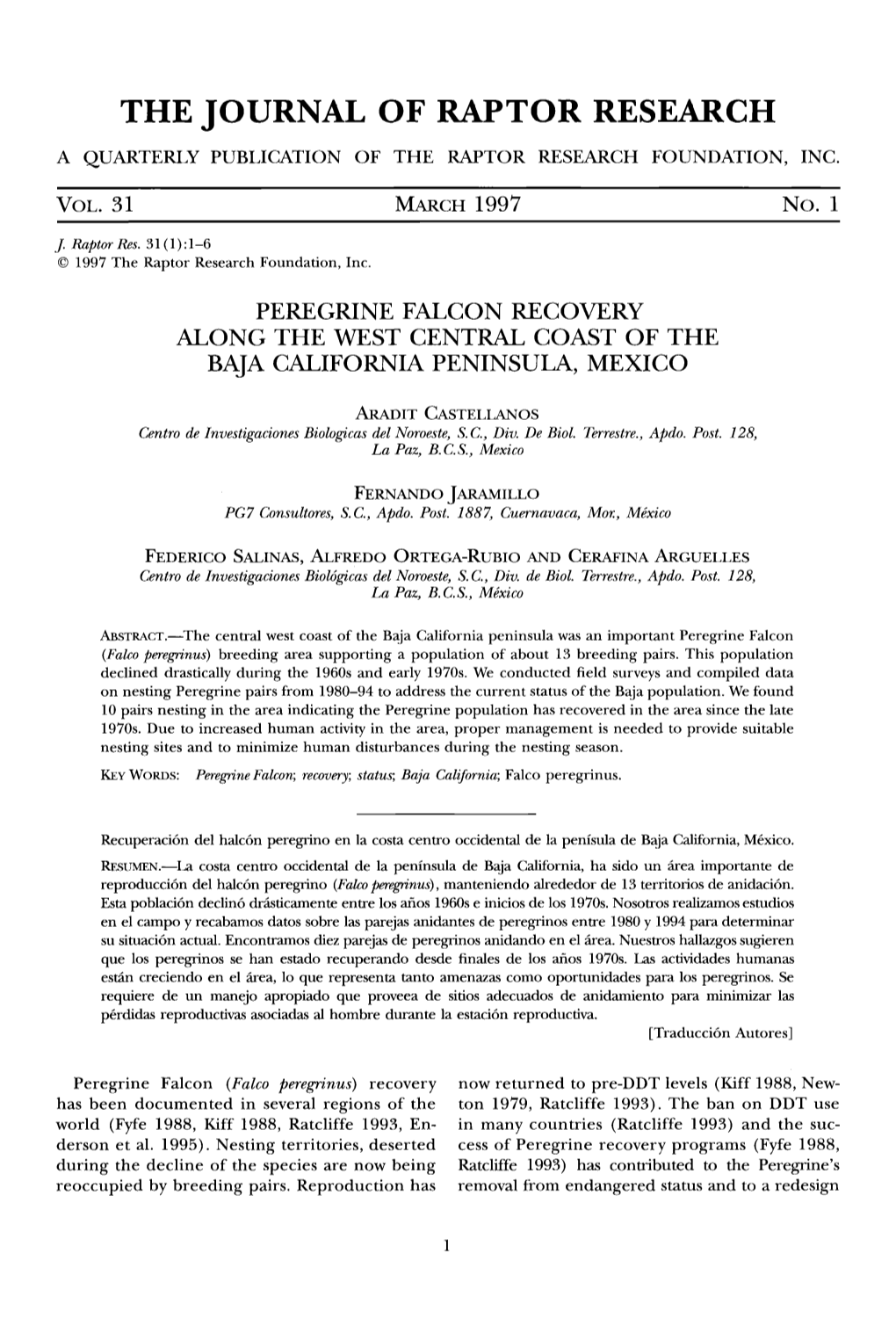 Peregrine Falcon Recovery Along the West Central Coast of the Baja California Peninsula, Mexico