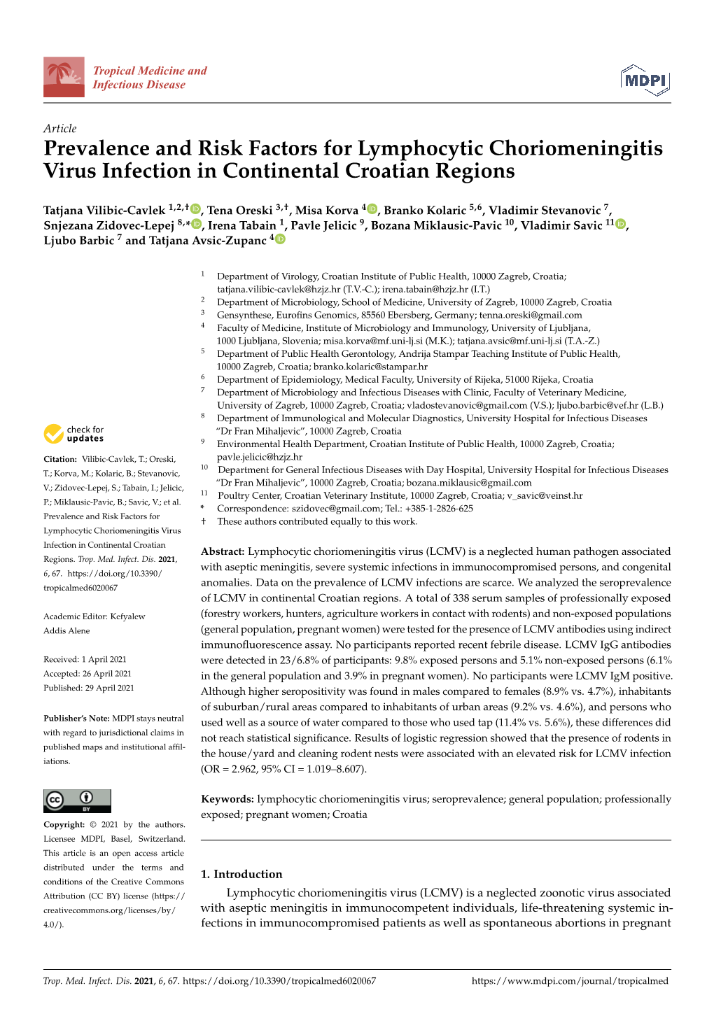 Prevalence and Risk Factors for Lymphocytic Choriomeningitis Virus Infection in Continental Croatian Regions