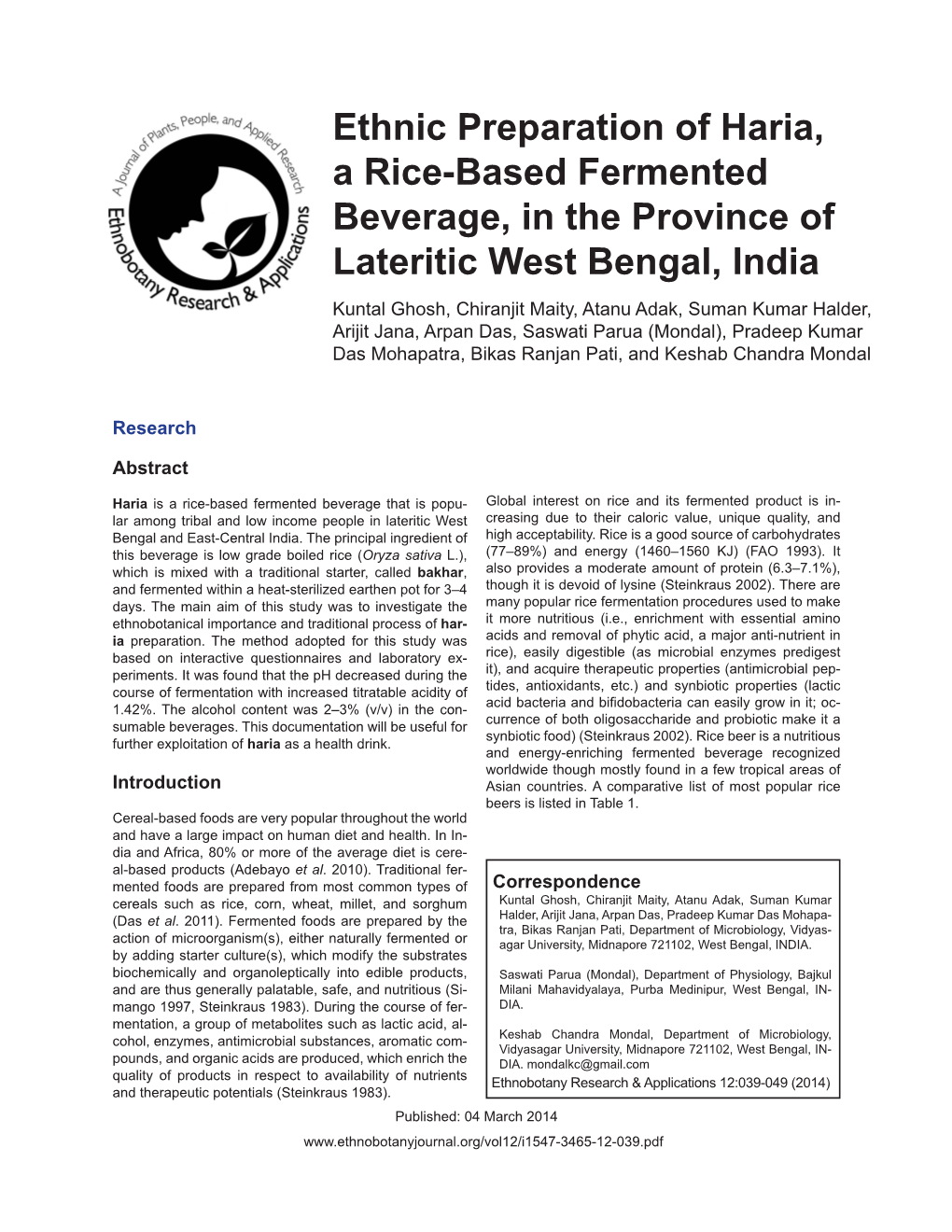 Ethnic Preparation of Haria, a Rice-Based Fermented Beverage, in the Province of Lateritic West Bengal, India