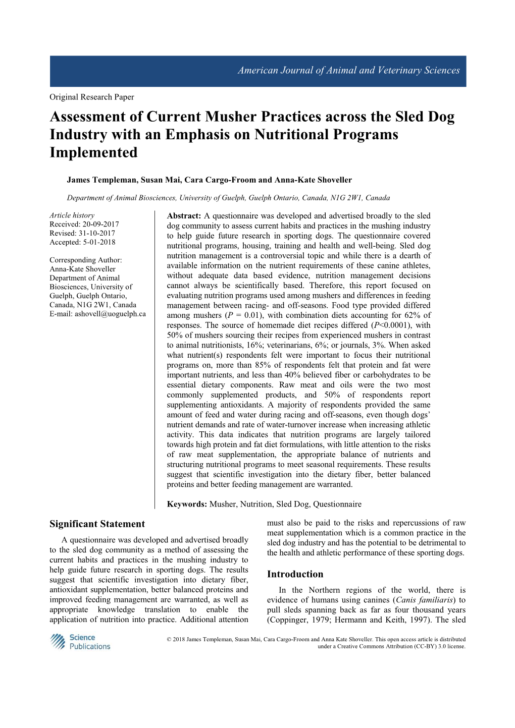 Assessment of Current Musher Practices Across the Sled Dog Industry with an Emphasis on Nutritional Programs Implemented