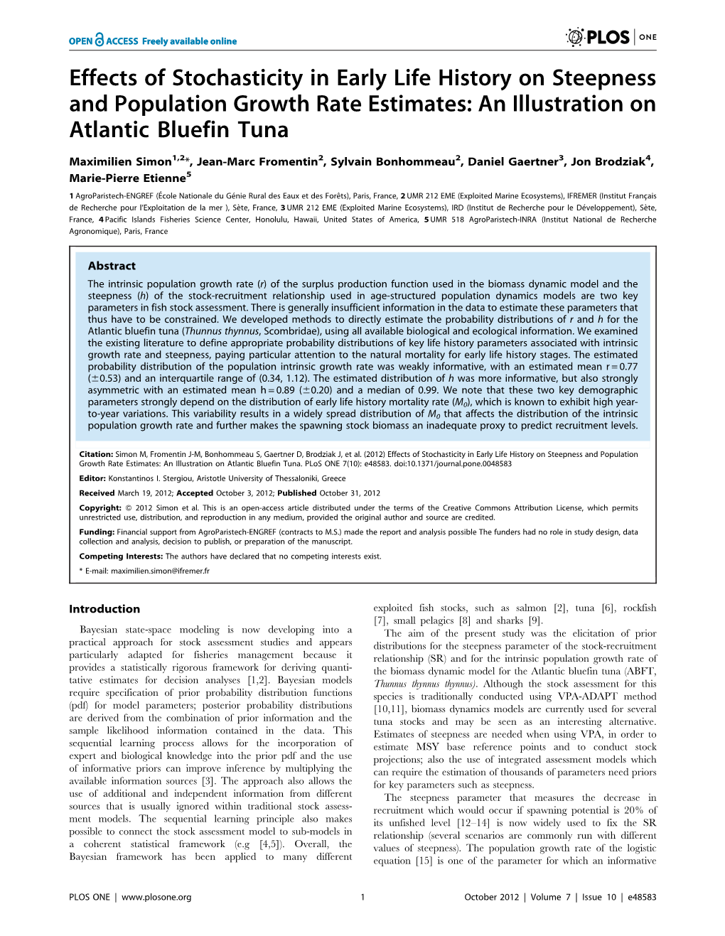 Effects of Stochasticity in Early Life History on Steepness and Population Growth Rate Estimates: an Illustration on Atlantic Bluefin Tuna