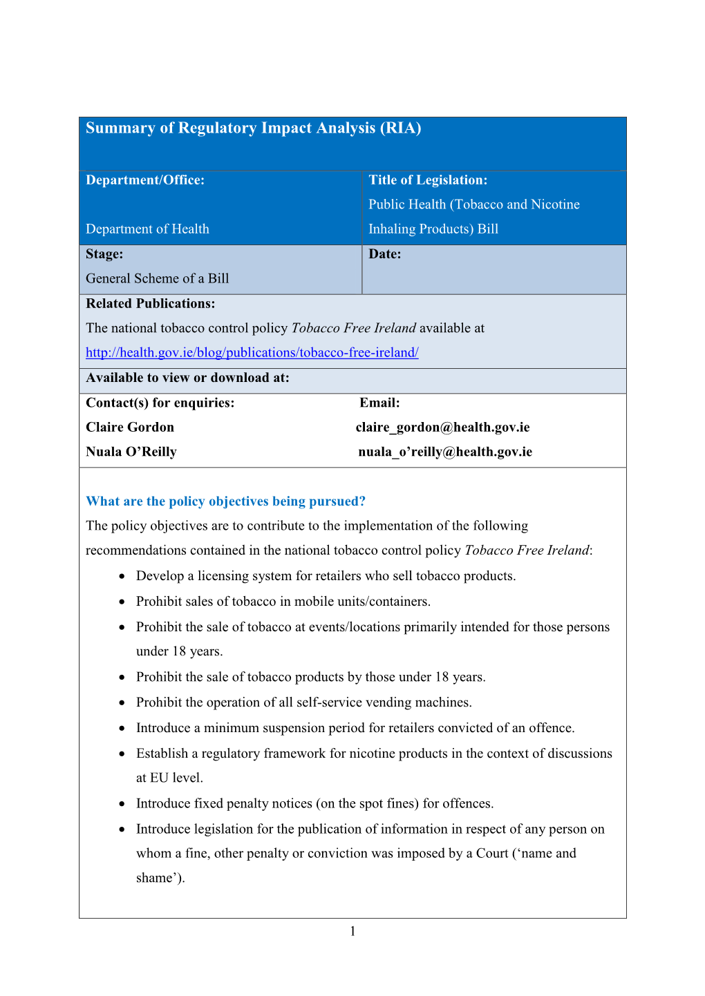 Summary of Regulatory Impact Analysis (RIA)