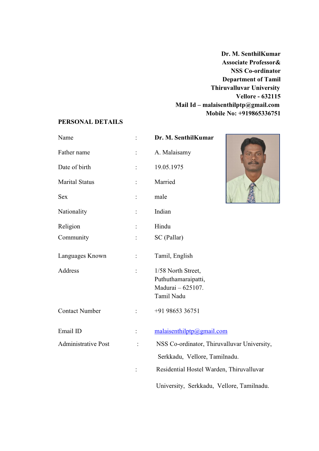 Dr. M. Senthilkumar Associate Professor& NSS Co-Ordinator