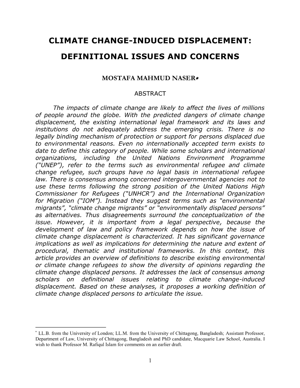 Climate Change-Induced Displacement: Definitional Issues and Concerns