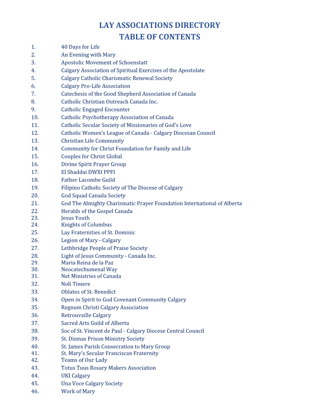 Lay Associations Directory Table of Contents 1