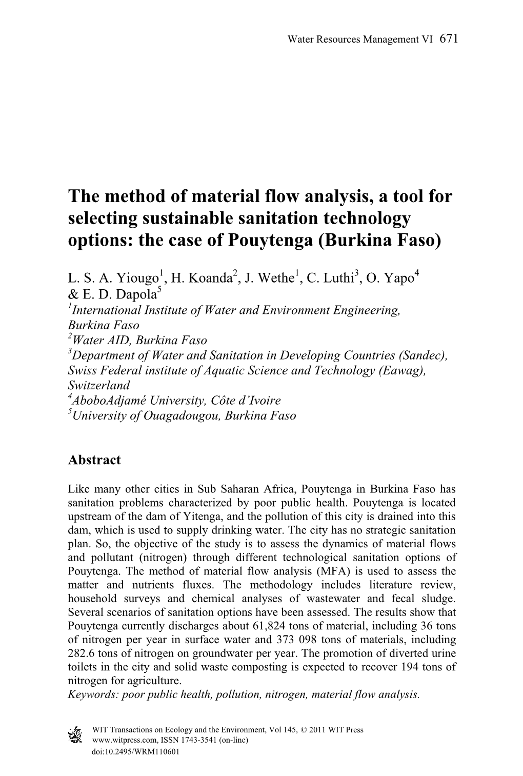 The Method of Material Flow Analysis, a Tool for Selecting Sustainable Sanitation Technology Options: the Case of Pouytenga (Burkina Faso)