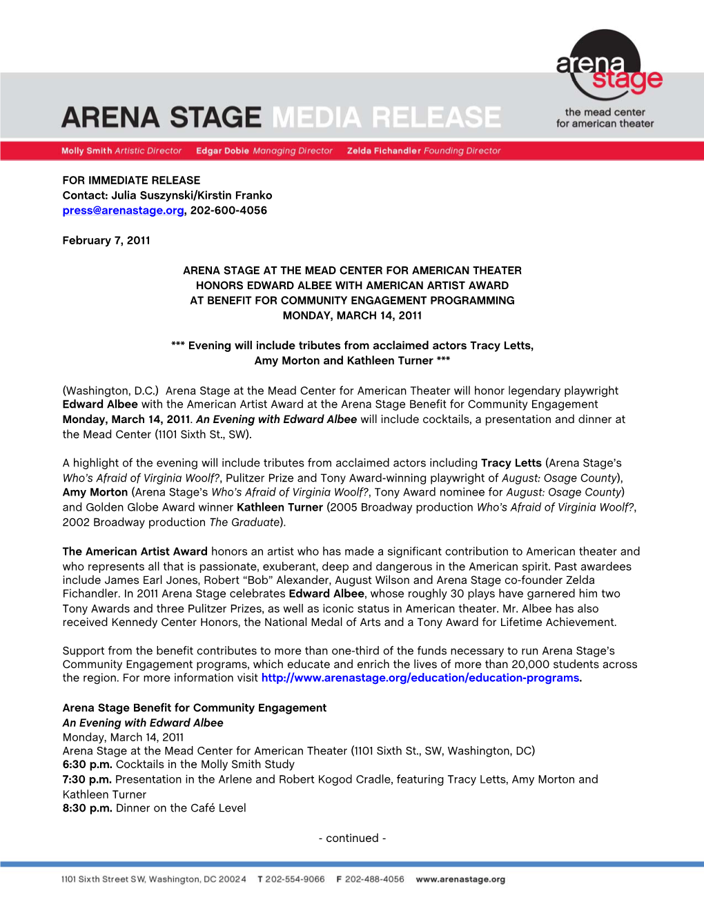 FOR IMMEDIATE RELEASE Contact: Julia Suszynski/Kirstin Franko Press@Arenastage.Org, 202-600-4056